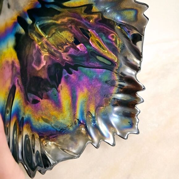 Yalos Casa Murano Glass Black Iridescent Large Leaf Dish Bowl Italy Vintage - Picture 3 of 8
